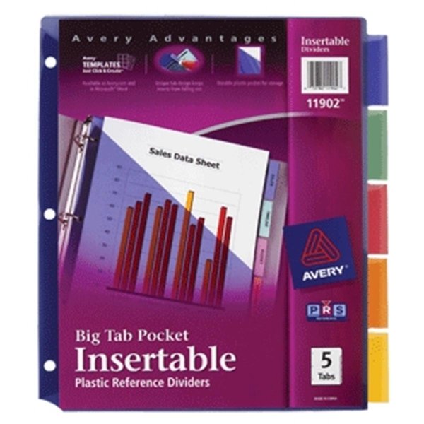 Avery Dennison Avery Big Tab Pocket Insertable Plastic Dividers Multi 5 Tab Slash Pocket 1190212- Case of 24 11902